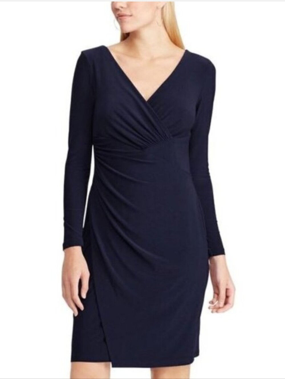 Stunning Ralph LaurenNavy Blue Draped Wrap Style 3/3 Sleeve Cocktail Midi Dress - Picture 2 of 11